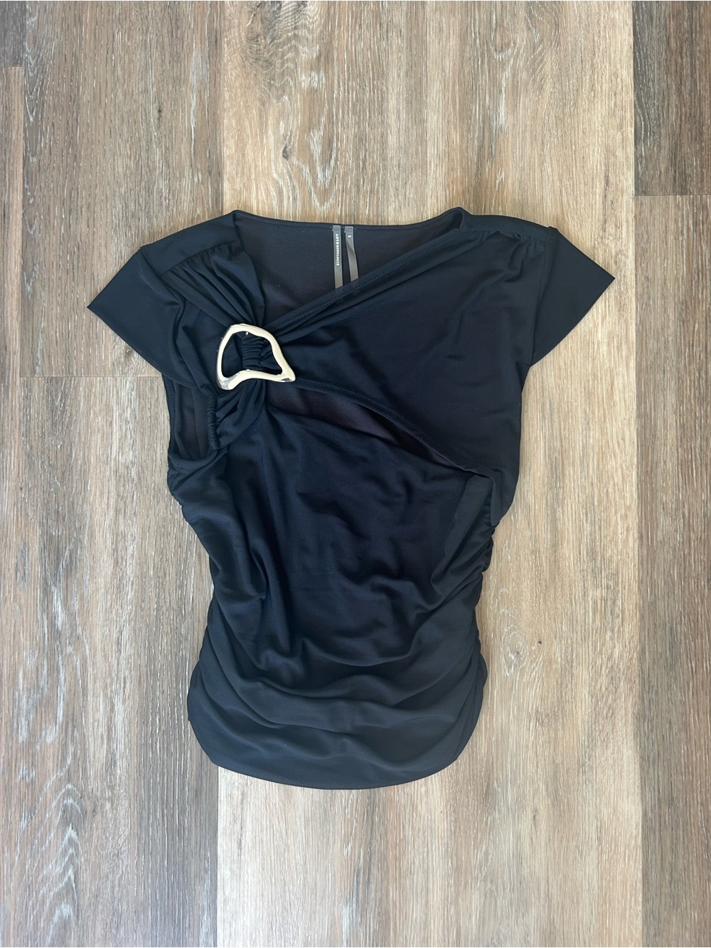 Women’s Black Mesh Draped Top with Buckle Accent